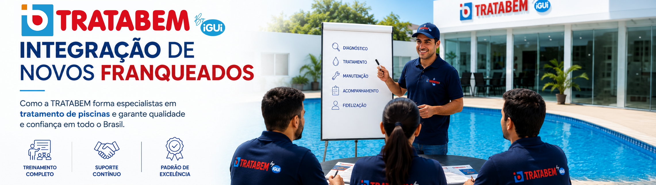 Integra&ccedil;&atilde;o de novos franqueados da TRATABEM durante treinamento em tratamento e manuten&ccedil;&atilde;o de piscinas.